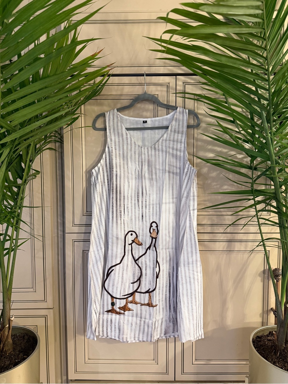 New Sleeveless paper bag White Stripe Western Farm Tank Dress with Duck Graphic